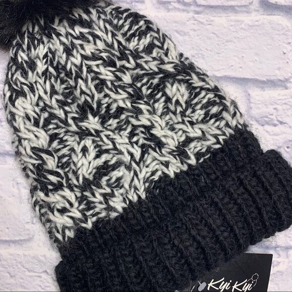 Kyi Kyi Canada Wool Blend Pompom Hat in Black/White - Picture 2 of 6